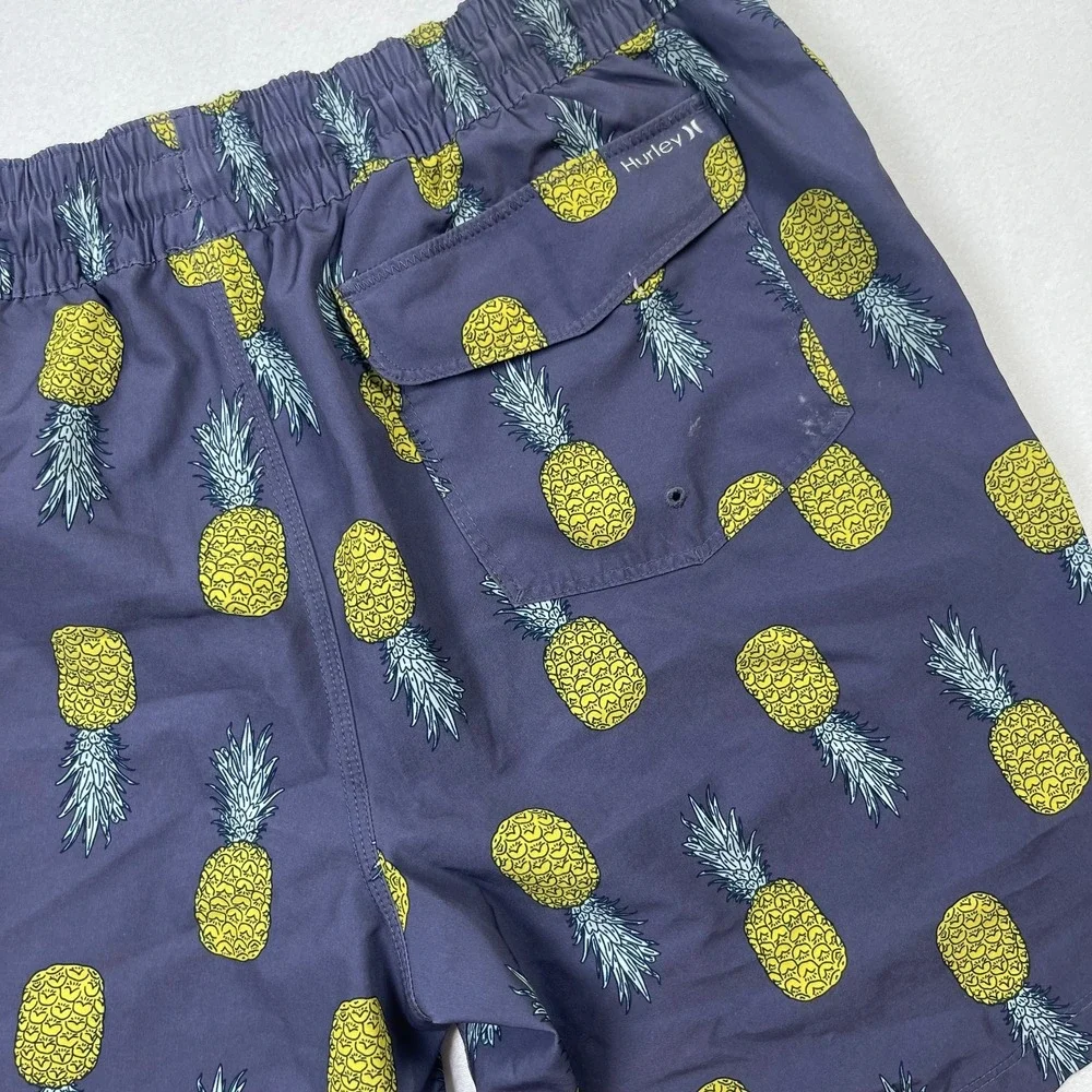 Hurley Swim Shorts Men's Large Gray Pineapple Print Nylon‎ Stretch Drawstring